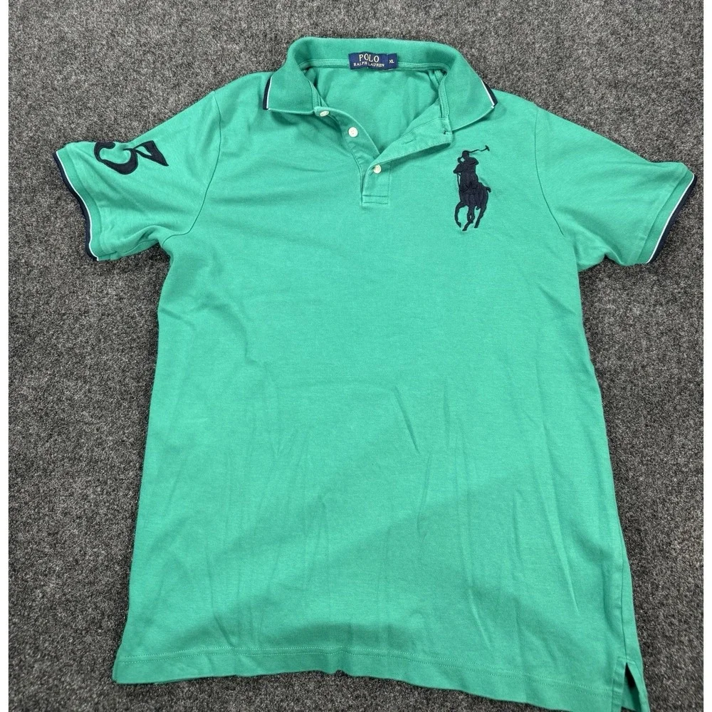VTG Polo Ralph Lauren Big Pony #3 Polo Shirt Green Youth XL Boys Cotton